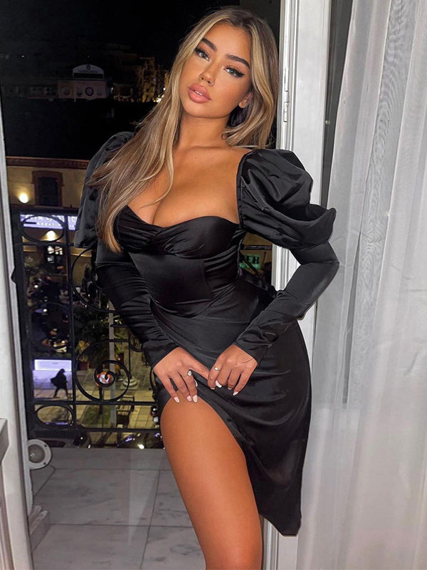 Irvingwad Black Sexy V-neck Ruffled Slim Long Sleeve Dress – IRVINGWAD