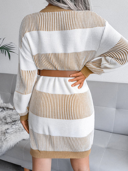 Irvingwad Pure Color Striped Casual Loose Sweater Dress Knitted Dress