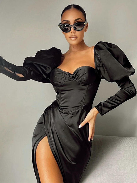 Irvingwad Black Sexy V-neck Ruffled Slim Long Sleeve Dress