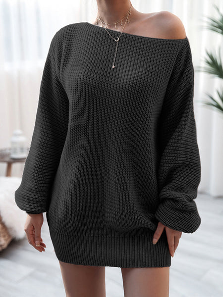 Irvingwad Solid Color Long-sleeved One-neck Casual Loose Knit Sweater Dress