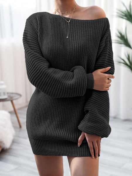 Irvingwad Solid Color Long-sleeved One-neck Casual Loose Knit Sweater Dress