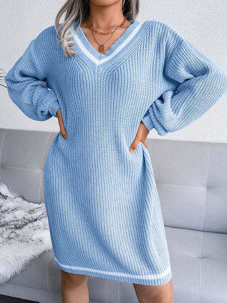 Irvingwad Pure Color V-neck Sweater Dress Knitted Dress