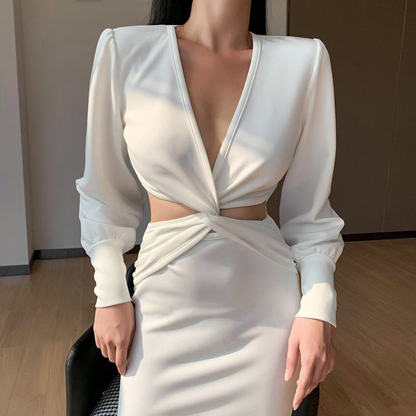 Irvingwad Solid Color Sexy X-shaped V-neck Puff Sleeve Suit Dress
