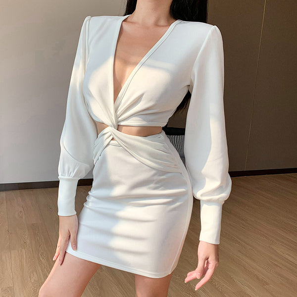 Irvingwad Solid Color Sexy X-shaped V-neck Puff Sleeve Suit Dress