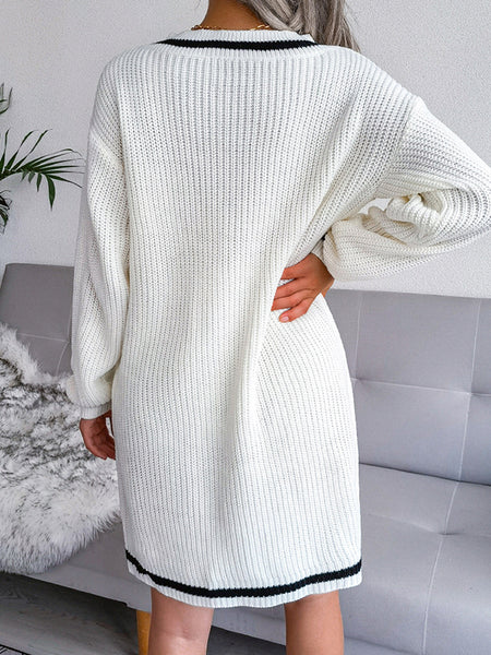 Irvingwad Pure Color V-neck Sweater Dress Knitted Dress