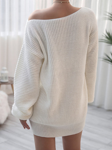 Irvingwad Solid Color Long-sleeved One-neck Casual Loose Knit Sweater Dress