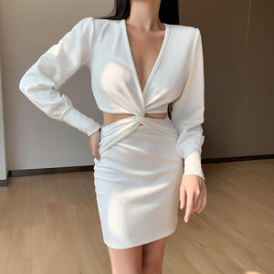 Irvingwad Solid Color Sexy X-shaped V-neck Puff Sleeve Suit Dress