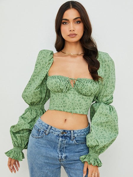 Irvingwad Floral Sexy Flared Sleeve Lace-up Pleated Crop Top