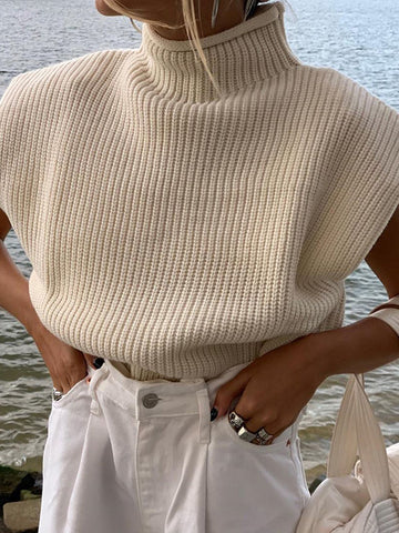 Irvingwad Solid Color Turtleneck Short-sleeved Sweater Wool Knit Top