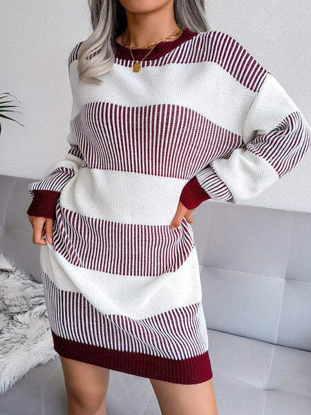 Irvingwad Pure Color Striped Casual Loose Sweater Dress Knitted Dress