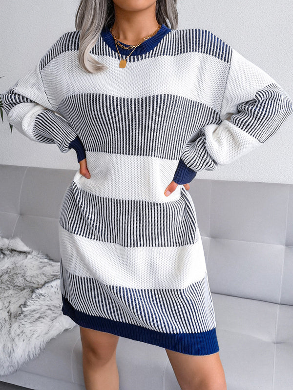 Irvingwad Pure Color Striped Casual Loose Sweater Dress Knitted Dress