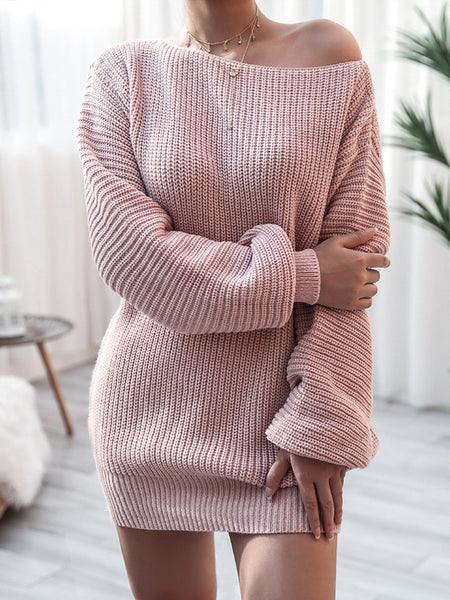 Irvingwad Solid Color Long-sleeved One-neck Casual Loose Knit Sweater Dress