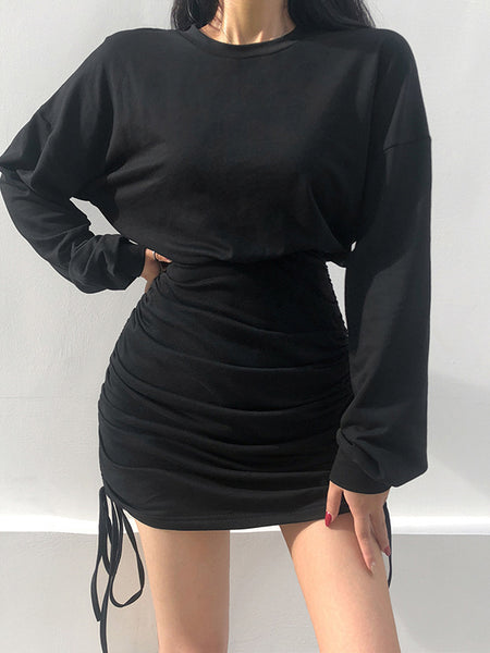 Irvingwad Solid Color Side Drawstring Loose Long-sleeved High-waist Round Neck Sweater and Hip Dress