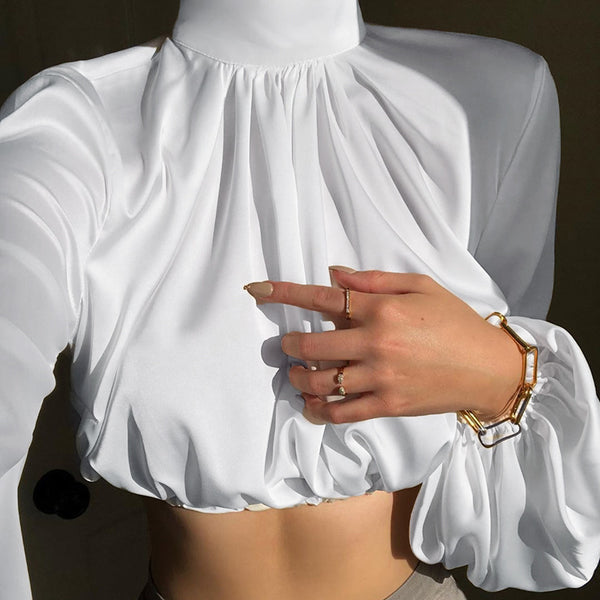 Irvingwad Solid Color High Collar Loose and Thin Short Sleeves with Exposed Umbilicals