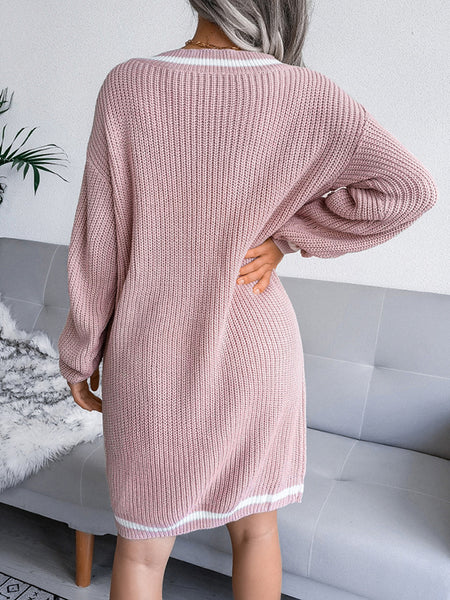 Irvingwad Pure Color V-neck Sweater Dress Knitted Dress