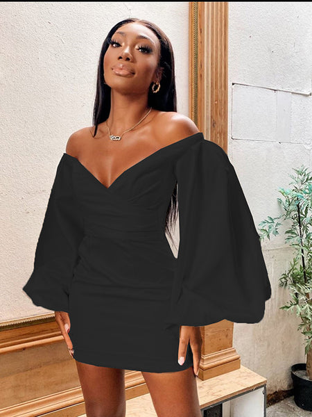 Irvingwad Solid Color Sexy Off-the-shoulder One-neck Dress