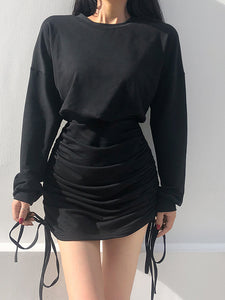 Irvingwad Solid Color Side Drawstring Loose Long-sleeved High-waist Round Neck Sweater and Hip Dress