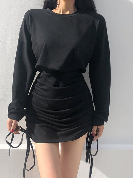 Irvingwad Solid Color Side Drawstring Loose Long-sleeved High-waist Round Neck Sweater and Hip Dress