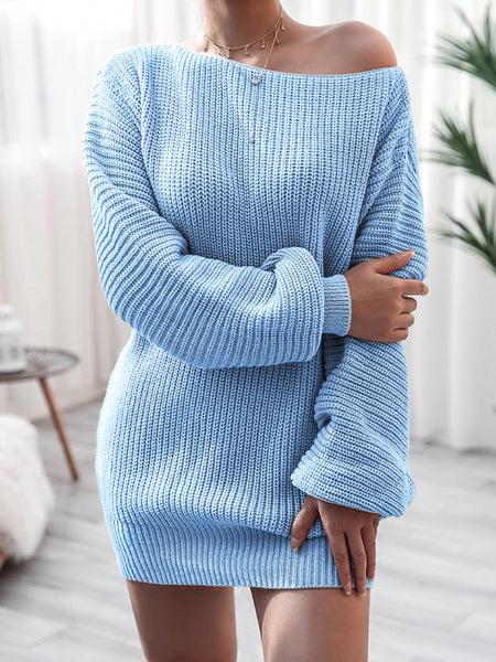 Irvingwad Solid Color Long-sleeved One-neck Casual Loose Knit Sweater Dress